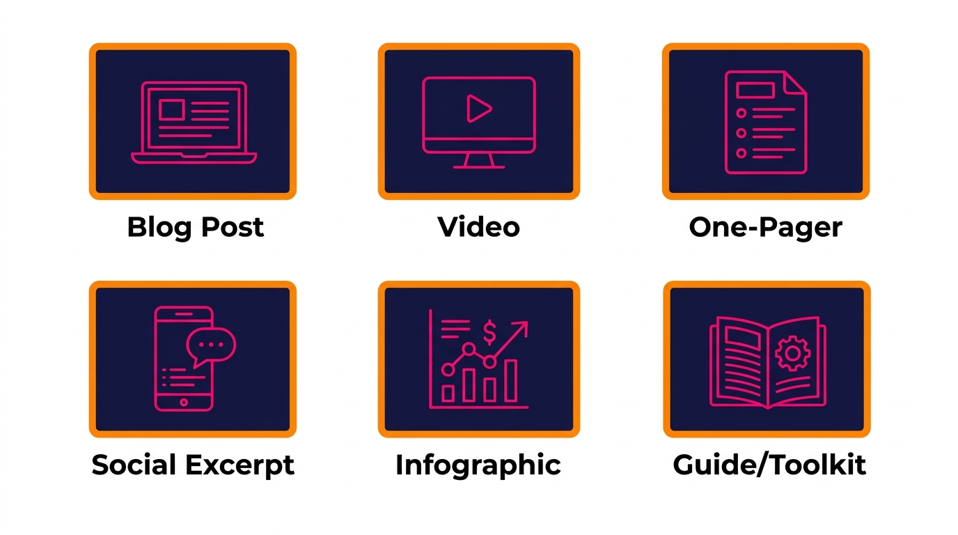Infographic_content_formats Infographic comparing content formats including blog posts, videos, one-pagers, and social media excerpts for digital marketing
