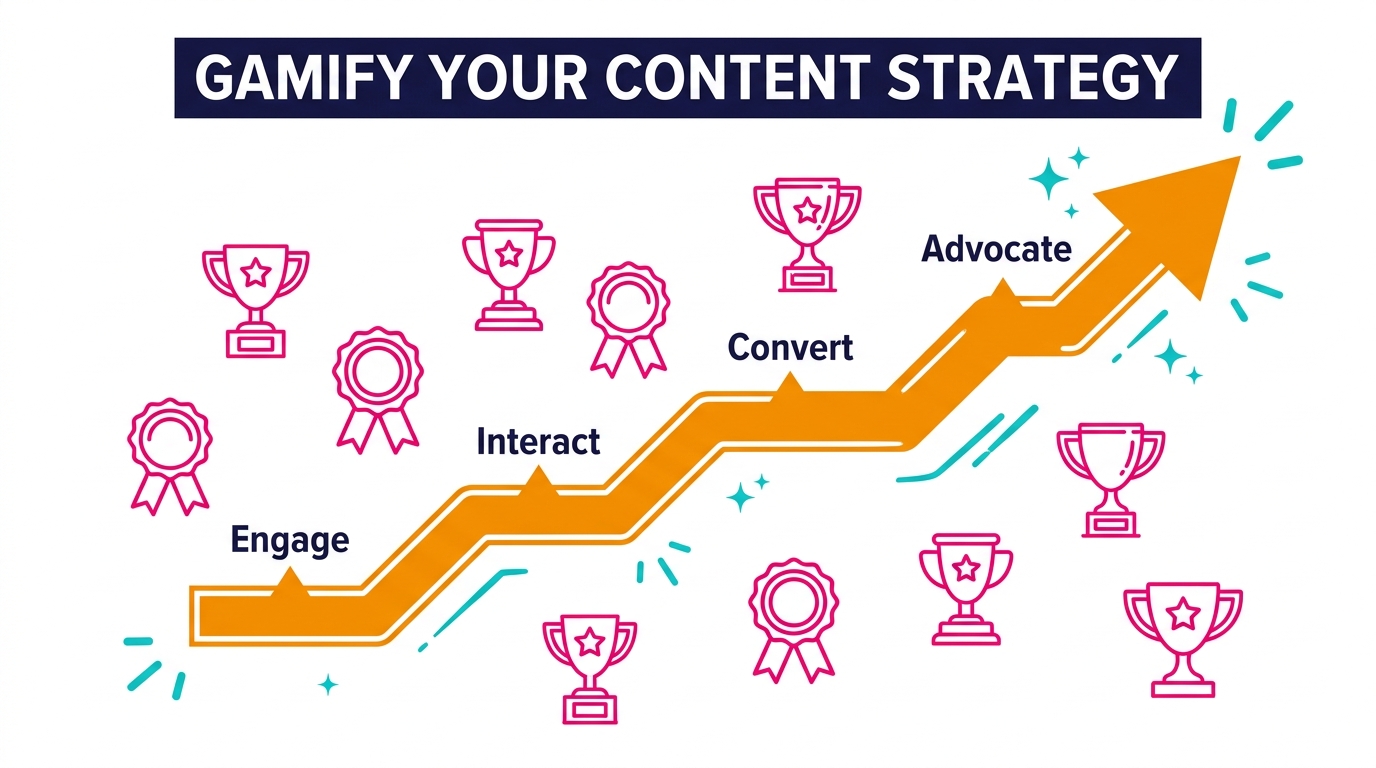 Visual showing gamification elements like points, badges, and leaderboards used in digital content marketing strategy