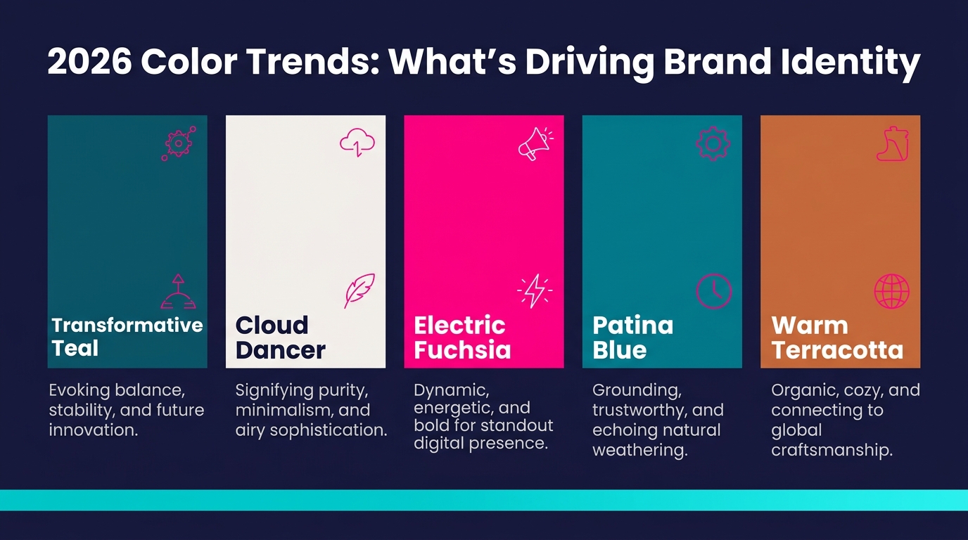 Infographic showcasing 2026 brand color trends including Transformative Teal, Cloud Dancer white, neon accents, and earth tones for branding