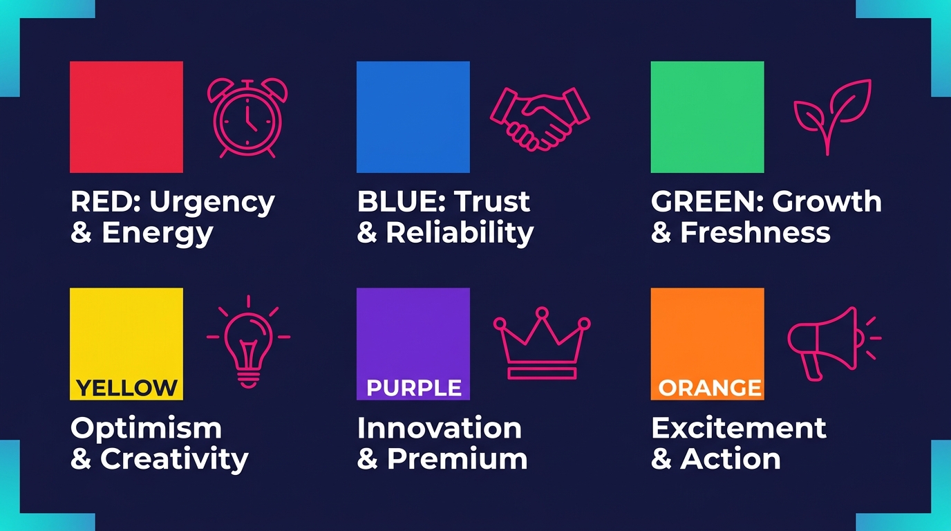 Infographic showing color psychology associations for branding including red urgency, blue trust, green growth, yellow optimism, and purple luxury