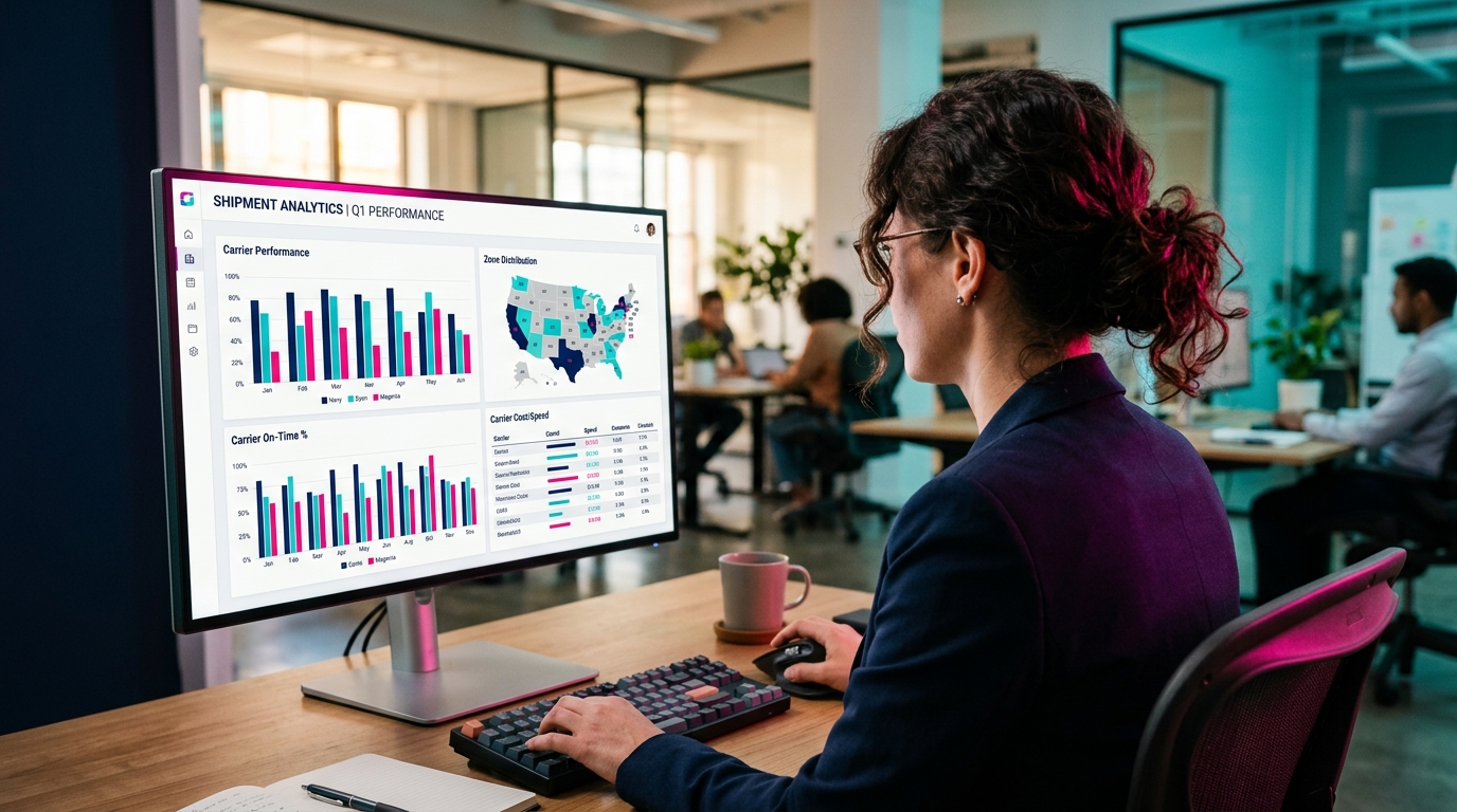 Manager_reviewing_shipping Ecommerce manager reviewing multi-carrier shipping rates on a digital dashboard