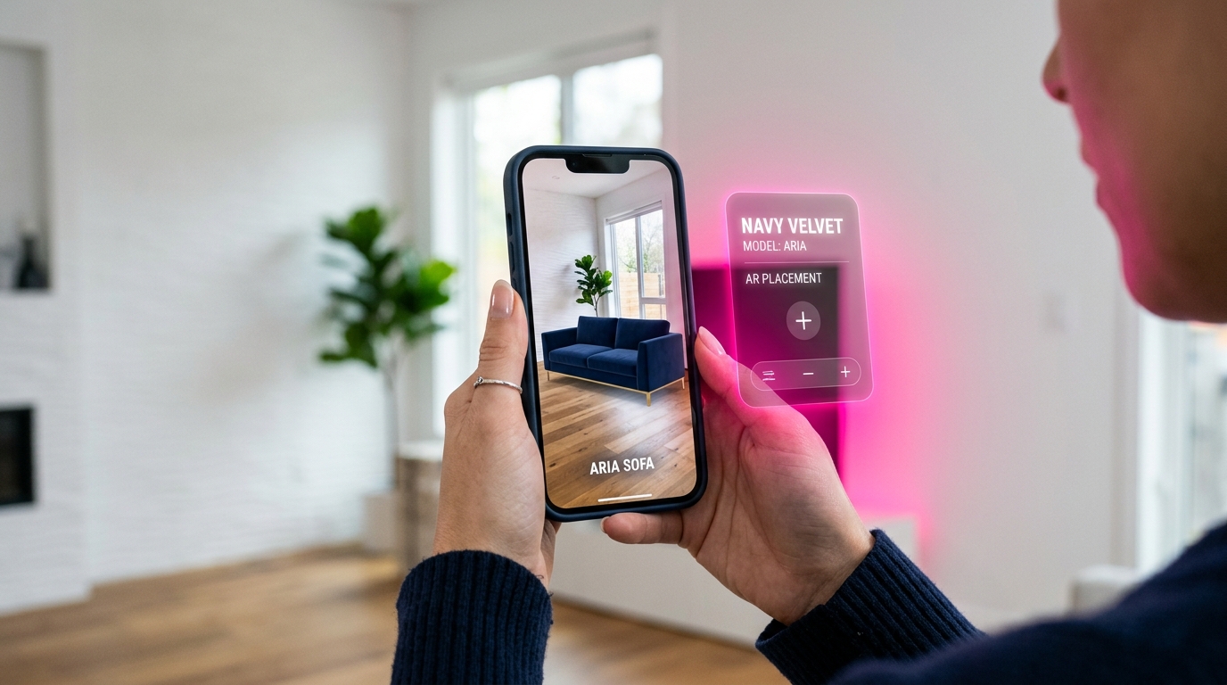 Augmented reality virtual product try-on technology displayed on a smartphone for ecommerce shopping