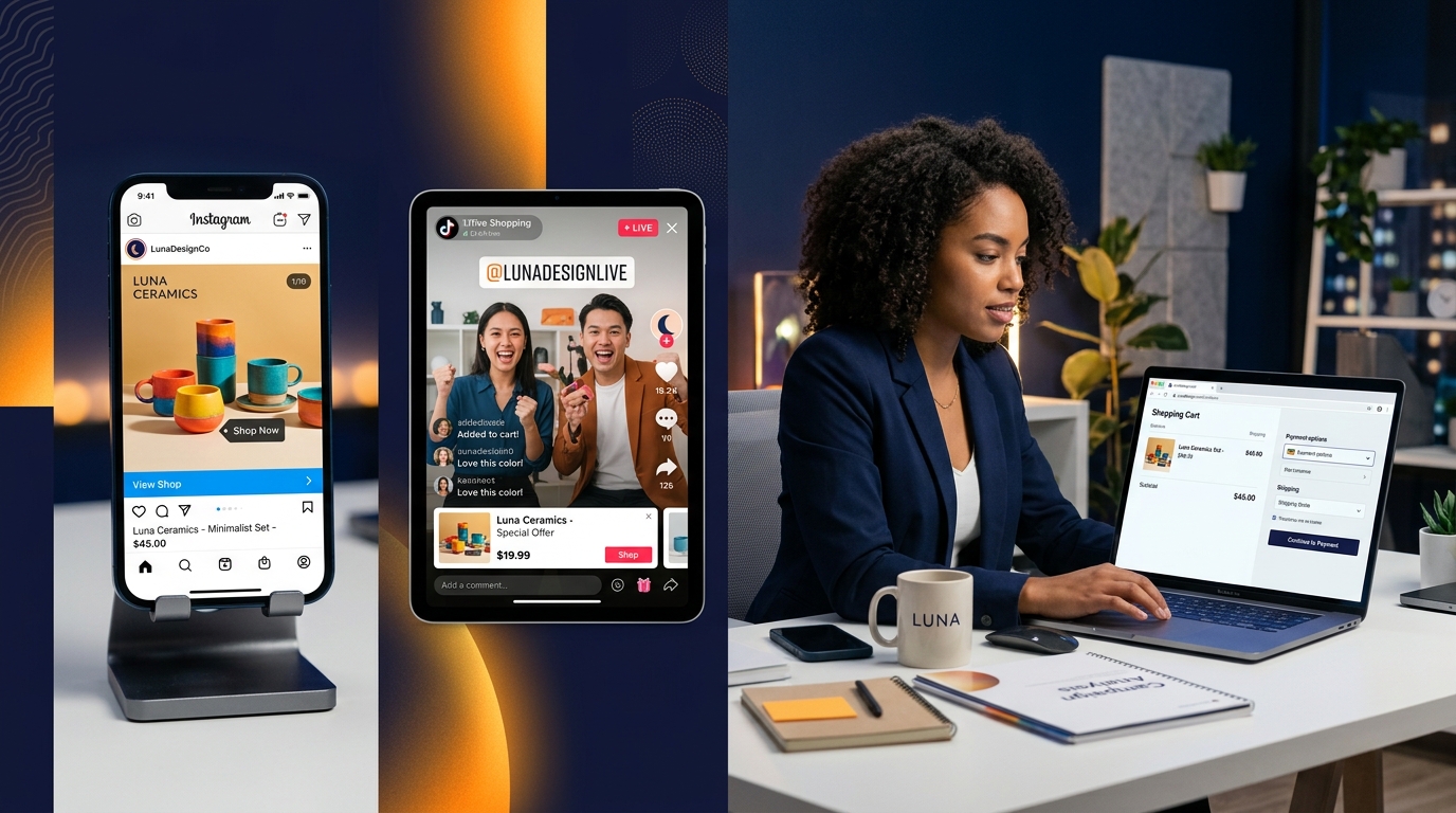 Omnichannel ecommerce brand strategy showing social commerce across Instagram, TikTok, and mobile shopping