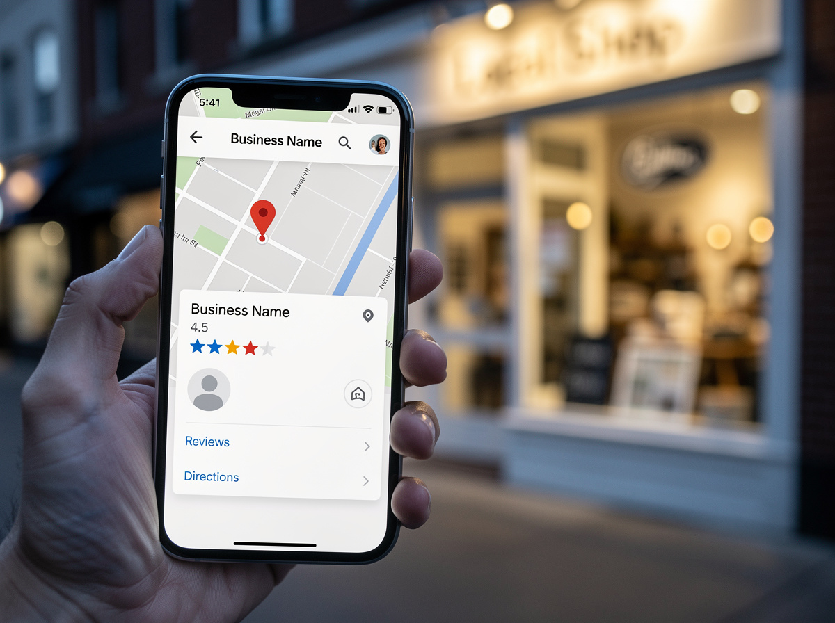 Google Business Profile listing displayed on a smartphone showing a local small business with reviews and map location
