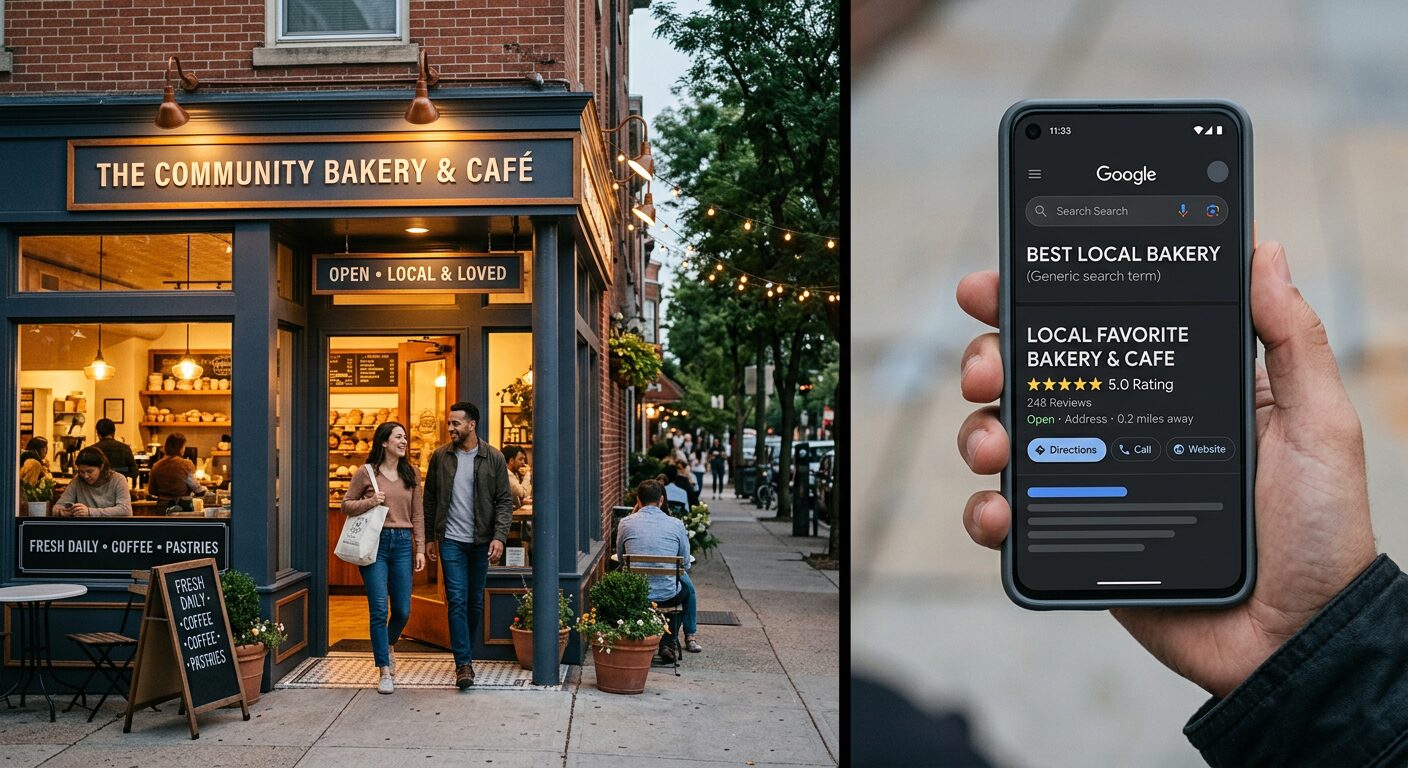 Small business storefront with busy foot traffic and a phone screen showing a top Google search ranking result