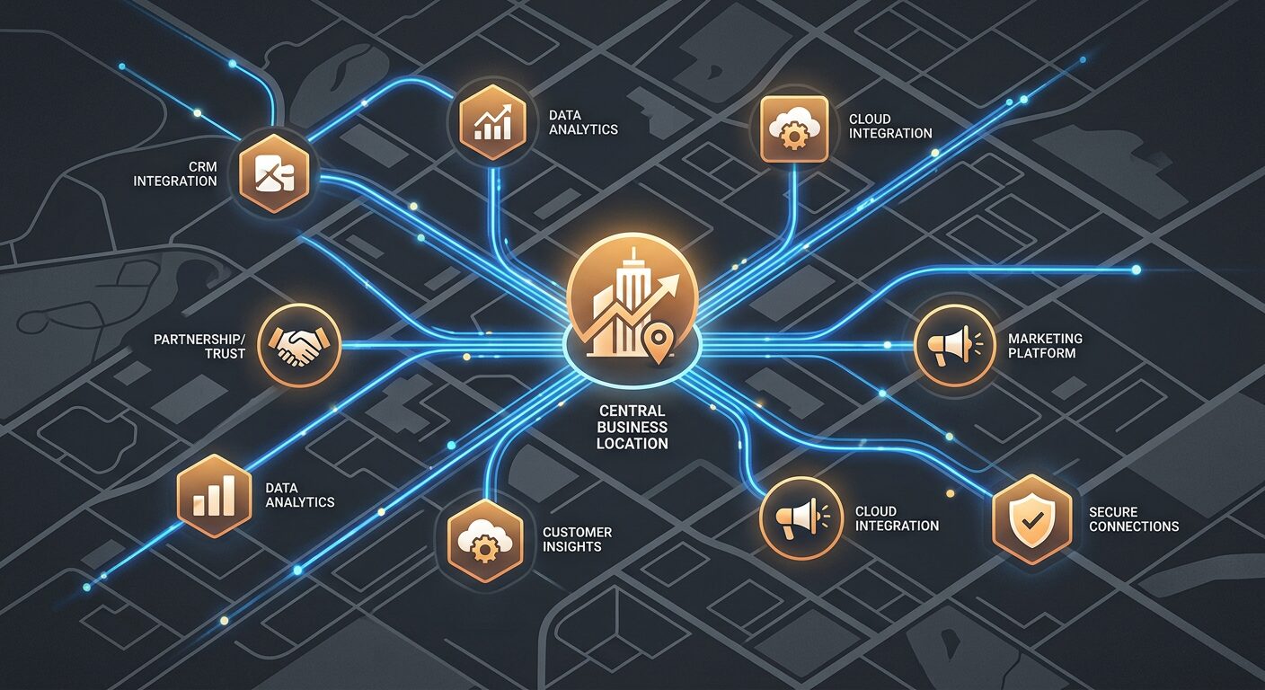 Illustrated digital map showing a small business connected to multiple local directories and review sites through glowing network lines