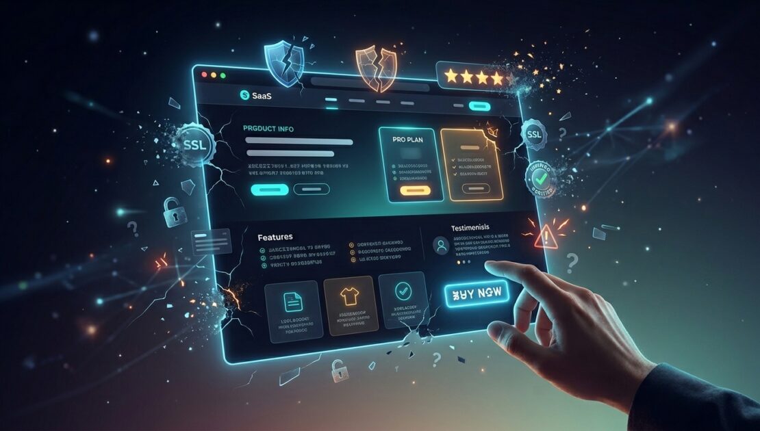 Website trust psychology concept showing broken security badges and user hesitation to buy online.