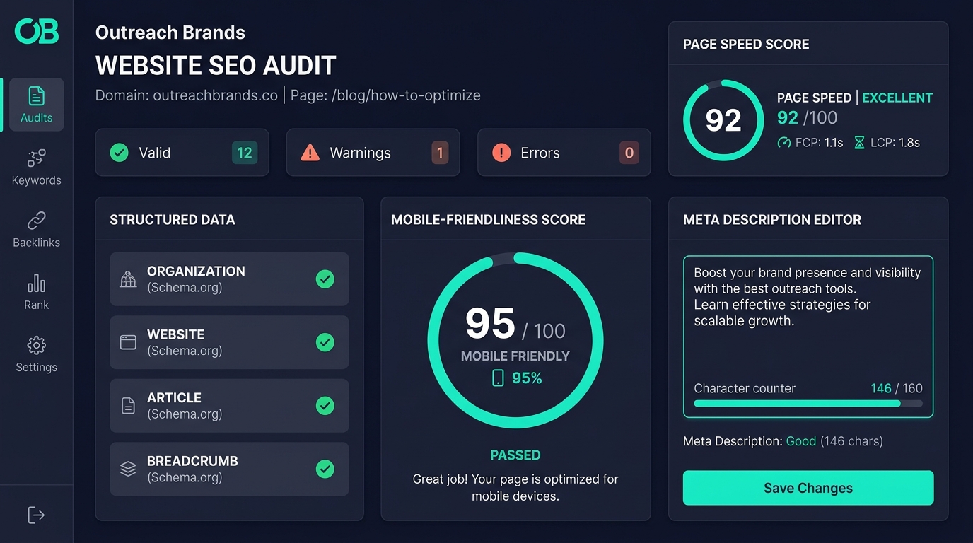 SEO dashboard showing structured data, meta descriptions, and mobile optimization scores for an AI-built website