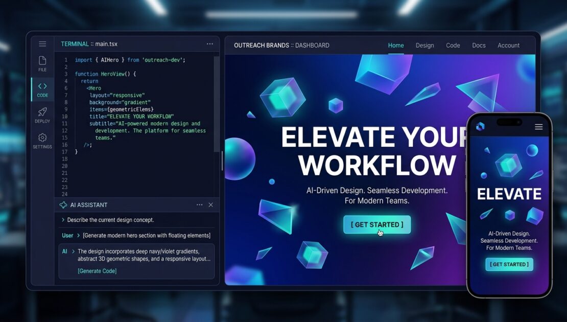 Split-screen showing Claude Code AI interface and a 3D animated website preview on desktop and mobile