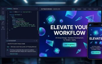 Split-screen showing Claude Code AI interface and a 3D animated website preview on desktop and mobile