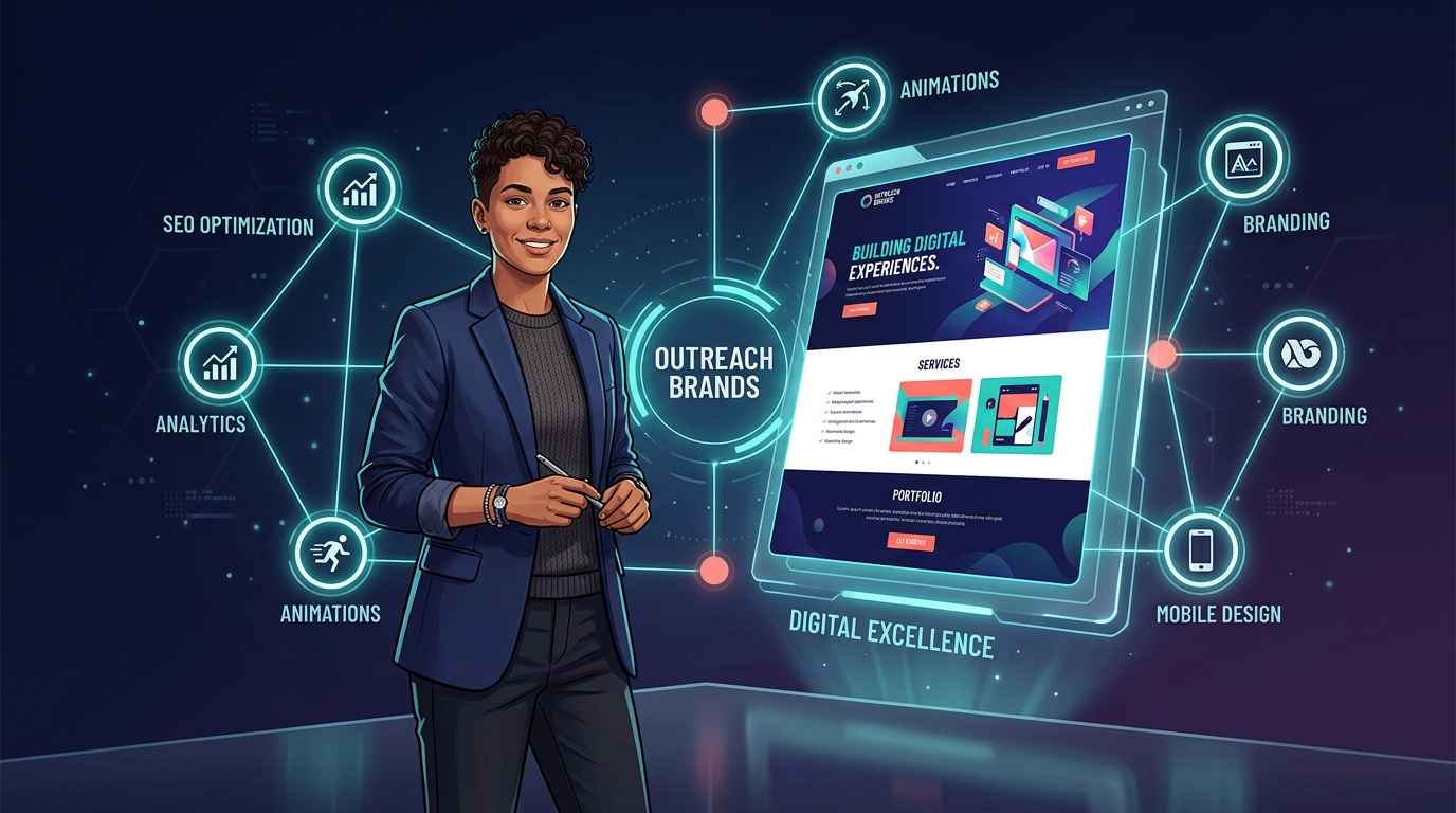 Futuristic concept showing AI-powered web design tools empowering business owners and digital marketers