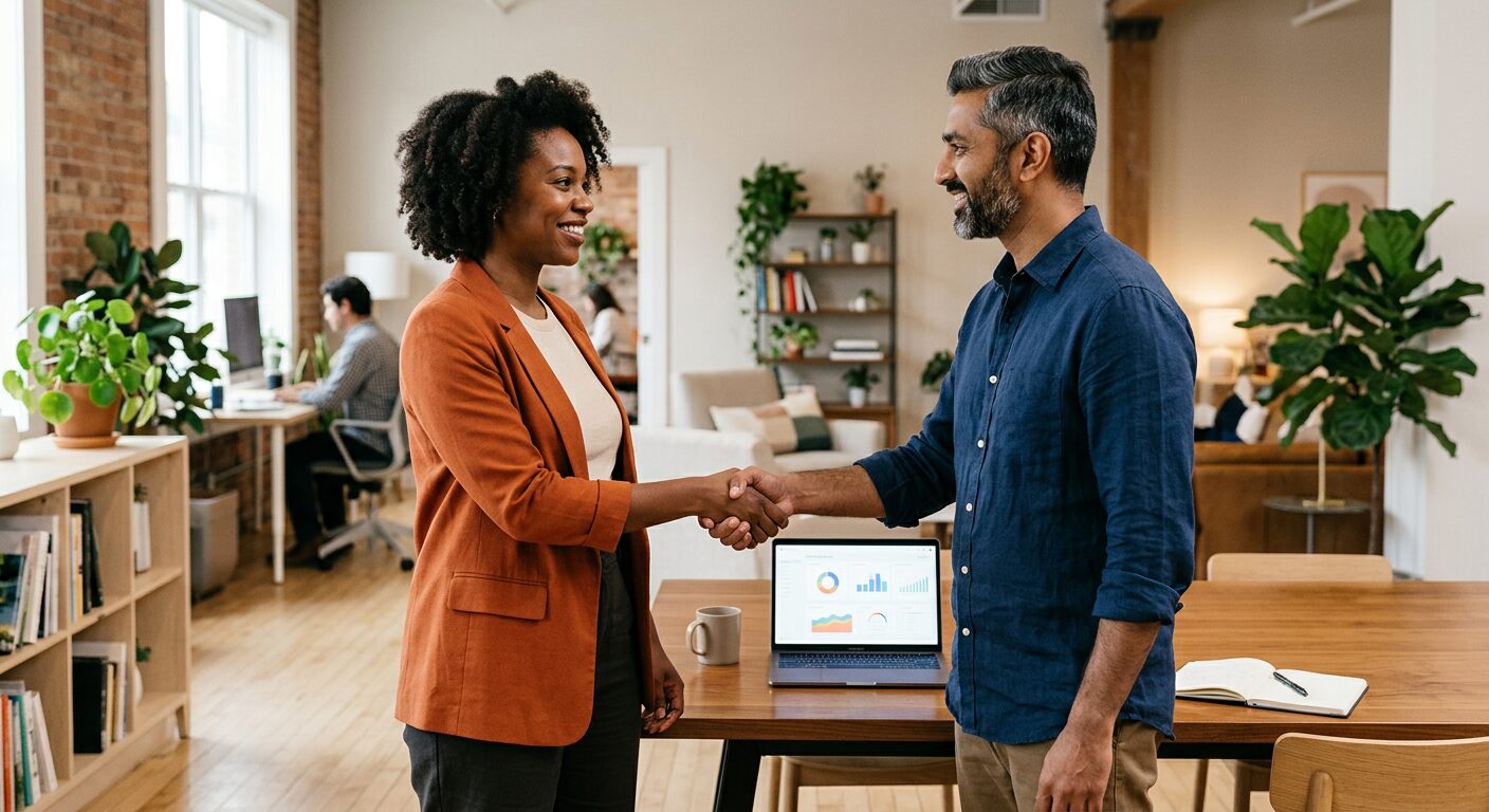 Two local business owners shaking hands and collaborating on a digital marketing partnership in a bright modern workspace