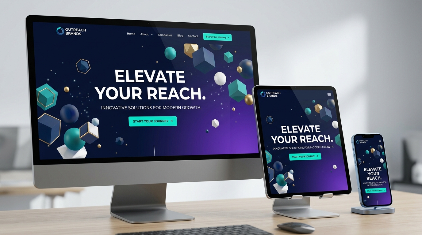 3D animated website design displaying responsively across desktop, tablet, and smartphone screens