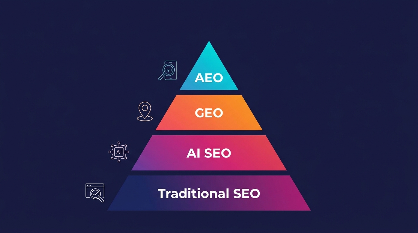 Visual pyramid showing traditional SEO as the foundation with AI SEO, GEO, and AEO layered above it