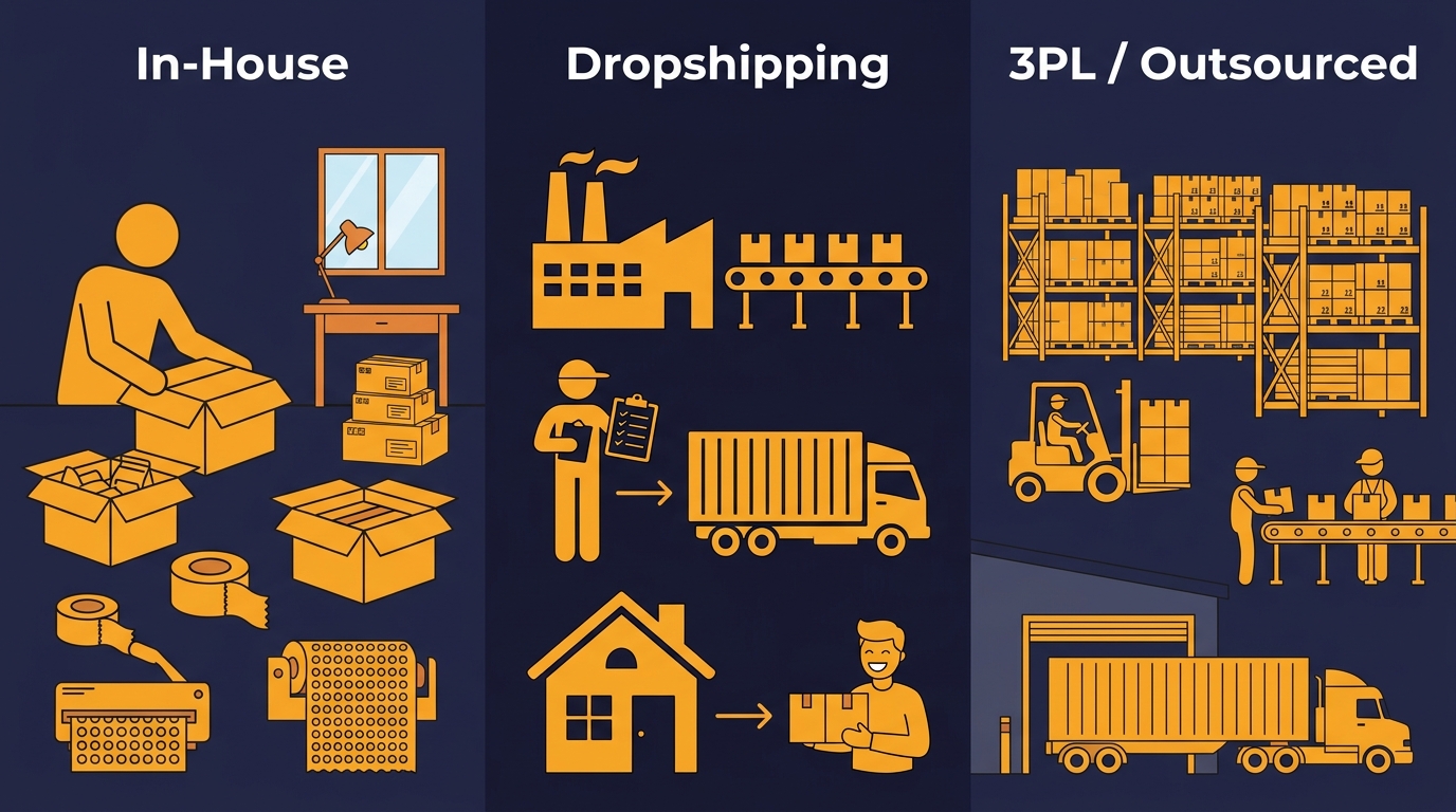 Infographic comparing in-house fulfillment, dropshipping, and third-party logistics (3PL) for ecommerce