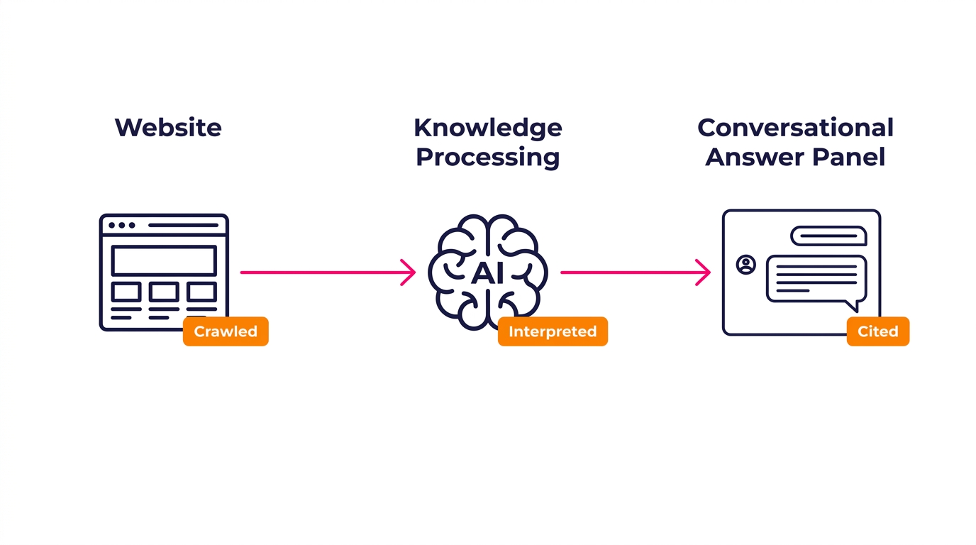 Diagram showing how AI search engines like Google AI Overviews read, synthesize, and cite website content