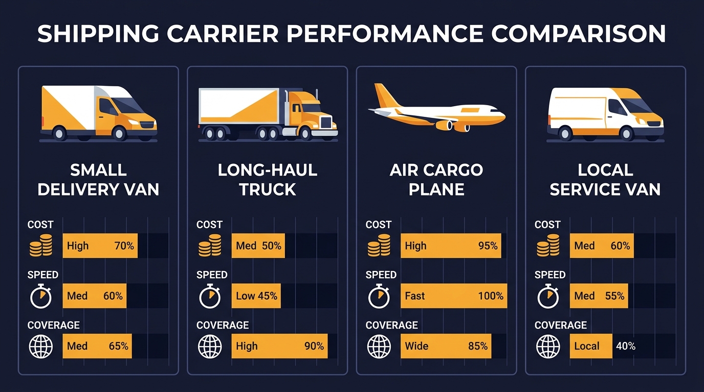 Visual comparison chart of USPS, UPS, FedEx, and regional carriers for ecommerce shipping