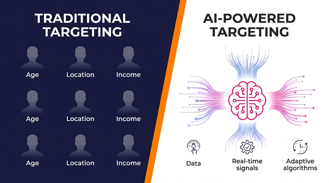 Infographic comparing traditional demographic-based ad targeting with AI-powered contextual targeting in digital advertising