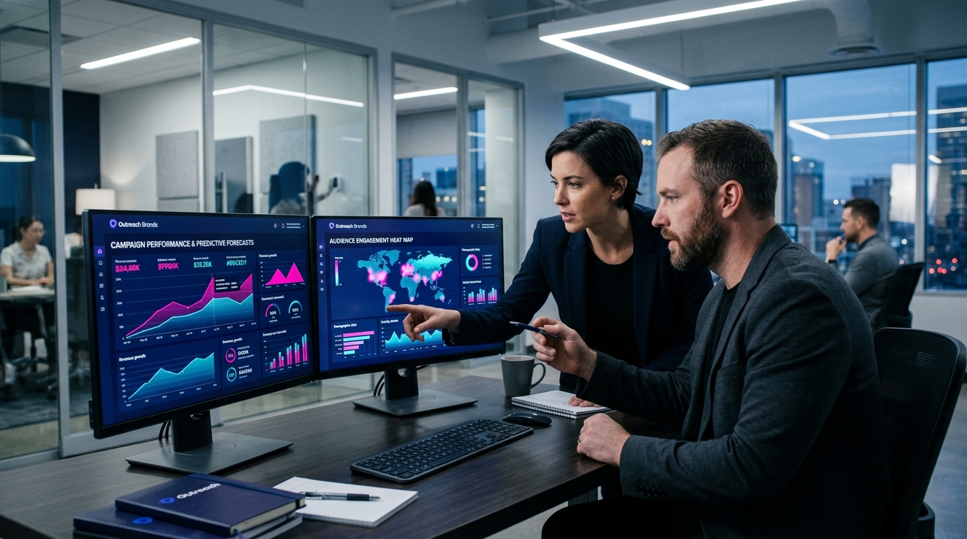 AI-powered digital marketing dashboard showing predictive analytics, ad performance metrics, and real-time optimization data